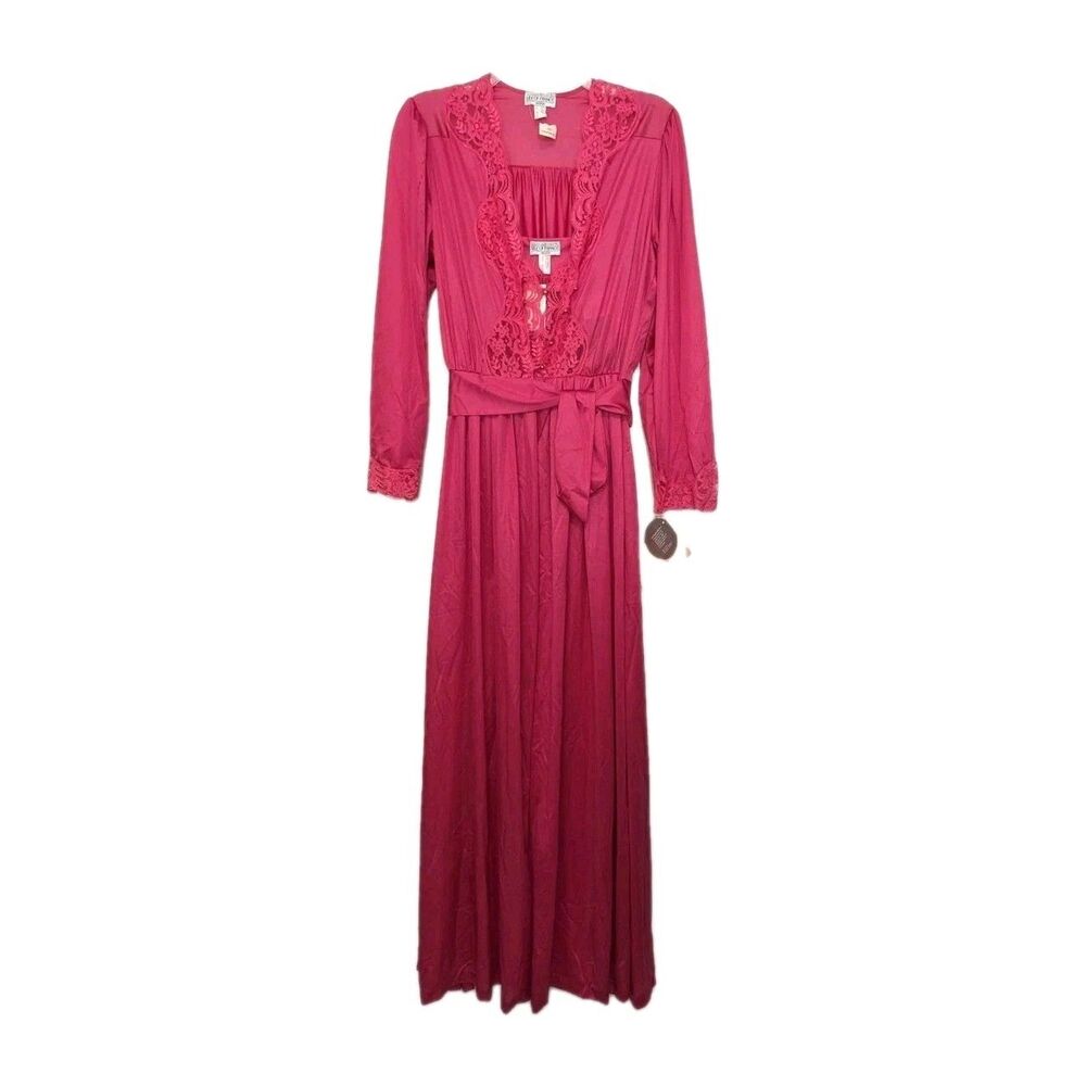 Vtg Lily Of France Rosa Puleo-Szule Peignoir Gown Set Pink M Sheer Lace Monece